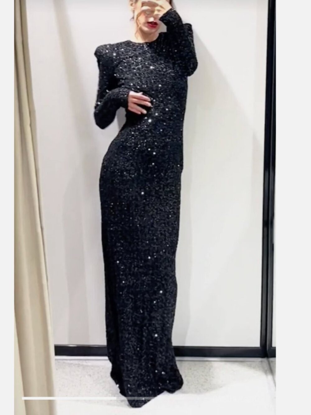 Zara Sequin Long Sleeve Elegant Shoulder Pad Black Long Dress Gown XS - Picture 11 of 11